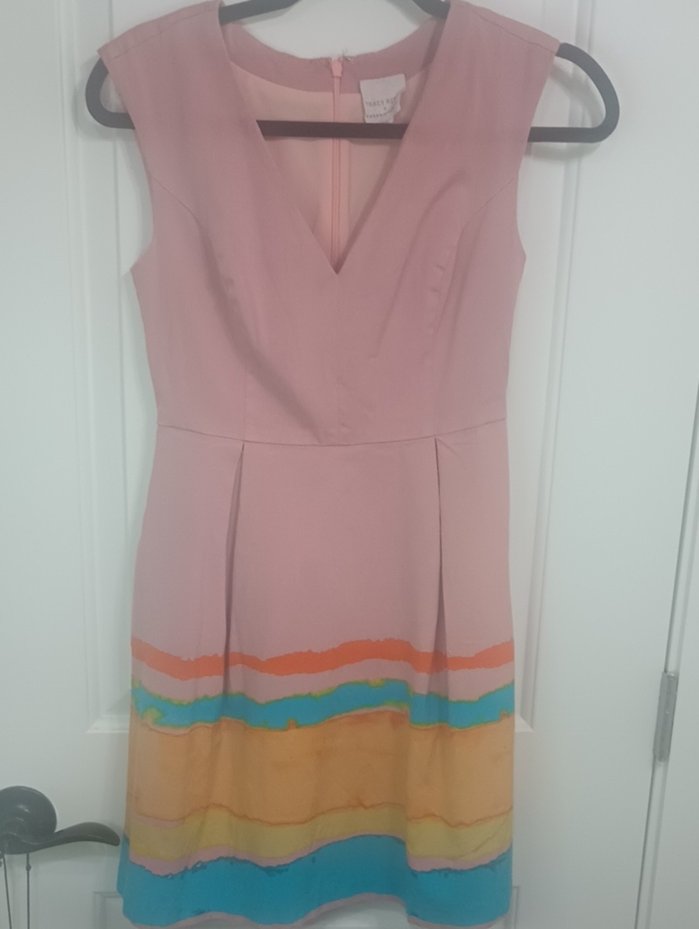 Tracy Reese Blush Pink V-Neck Dress with Multicolor Stripes